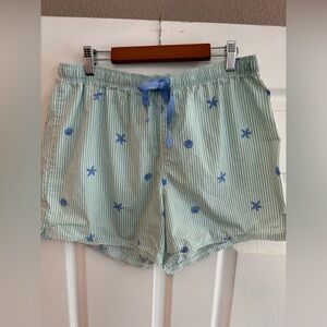 L.L. Bean women's pajama shorts stripe starfish shell teal 100% cotton size L